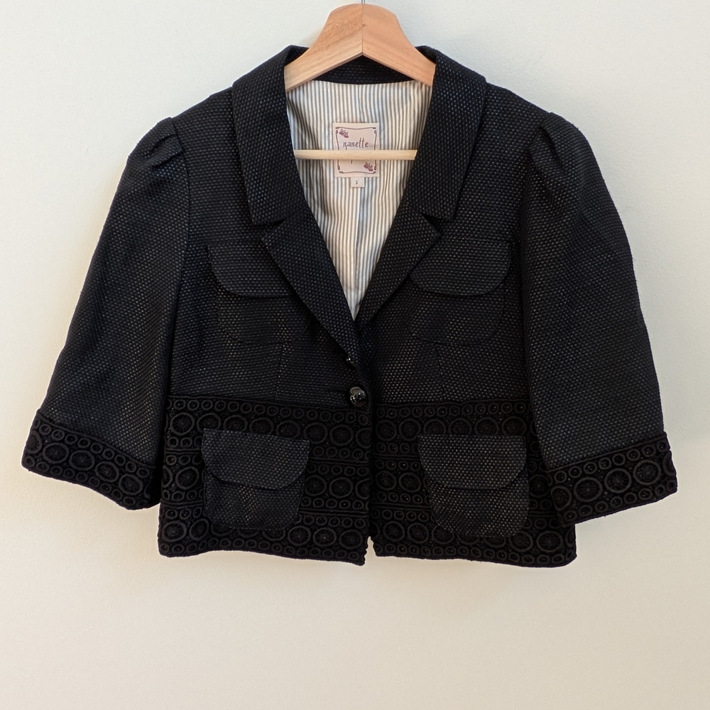 Nanette Lepore Cropped Blazer Jacket Black Textured Tailored – Size 2